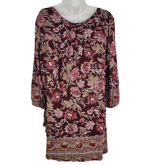 Lucky Brand Top Size 2X Womens Burgundy Floral Print Blouse Boho V Neck Border - Picture 2 of 13